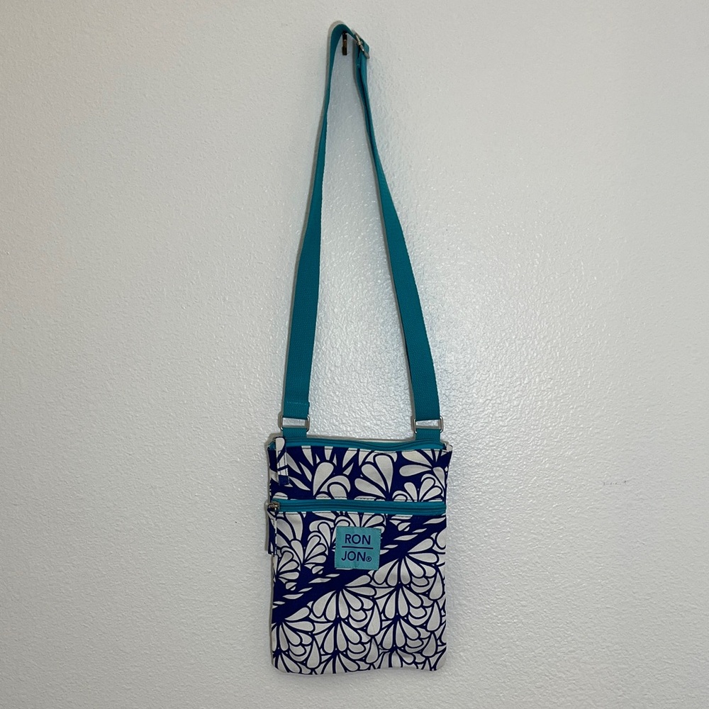 Ron Jon Blue White Floral Crossbody Zipper Bag